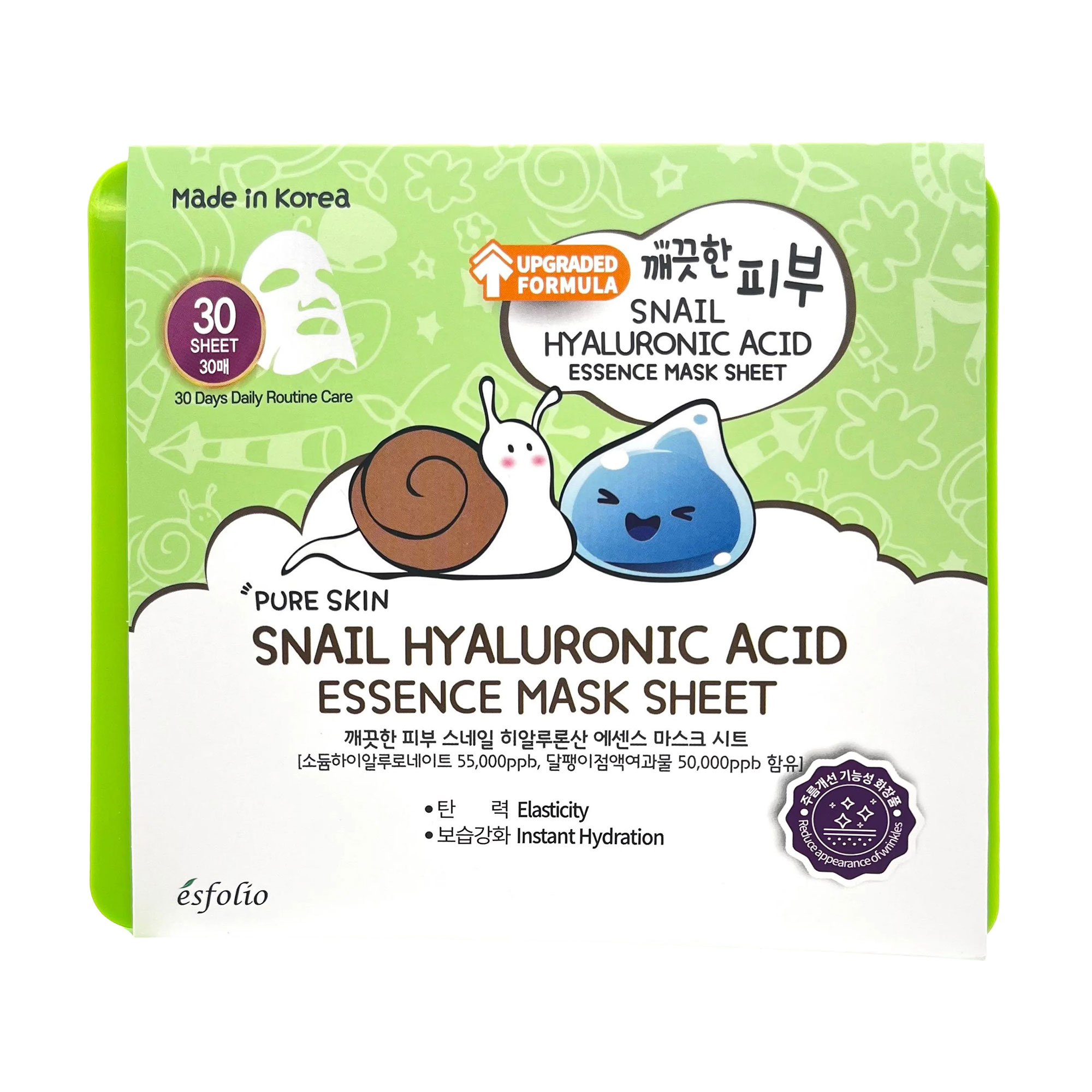 Набір тканинних масок для обличчя Esfolio Pure Skin Snail Hyaluronic Acid Essence Mask Sheet з муцином равлика та гіалуроновою кислотою, 30 шт