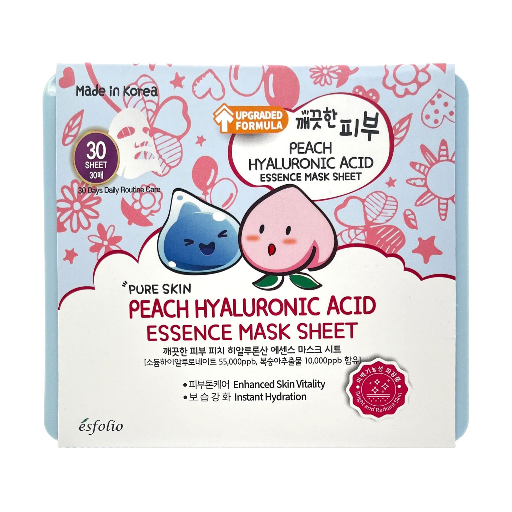 Набір тканинних масок для обличчя Esfolio Pure Skin Hyaluronic Acid With Peach Essence Mask Sheet з персиковою есенцією та гіалуроновою кислотою, 30 шт